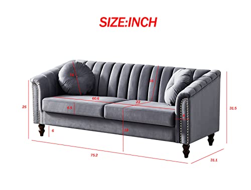 Loveseat Sofa, Upholstered Chesterfield Couch with Tufted Back and Nail Arms, Velvet Sofa with 2 Throw Pillows and Solid Wood Legs, Couches for Living Room, Apartment,Living Room Furniture Set (Gray)