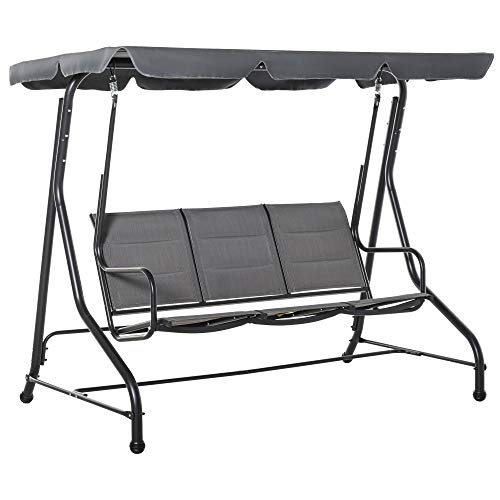 Outsunny 3-Seater Porch Swing Chair Outdoor Patio Bench for Deck with Adjustable Canopy, Padded Sling Fabric Seat