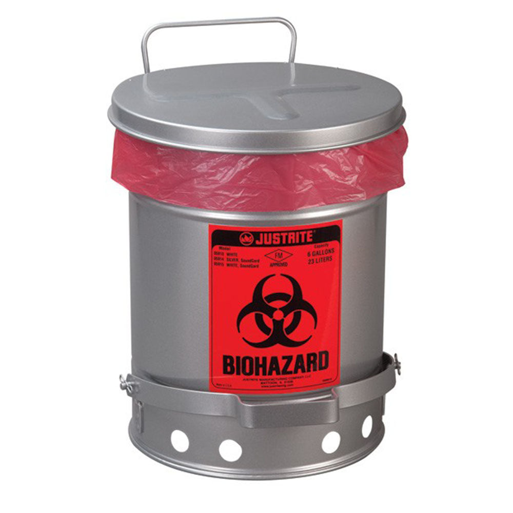 Justrite Biohazard Waste Can, 10 Gallon, Foot-Operated Self-Closing SoundGard™ Cover