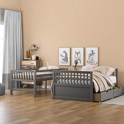 Twin Over Full Bunk Beds, Bunk Beds Twin Over Full with Slide, High Guardrail, No Box Spring Needed (Grey (with Slide))