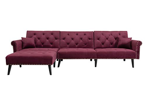 GAOPAN Sleep Velvet Button Tufted Futon Sectional Sofa Set with Movable Chaise Lounge for Living Room Furniture & Small Place,L-Shape 4-Seater Couch Convertible Sleeper Sofabed W/ 2 Pillows,Red