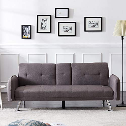Merax Futon Bed Couch, Modern Sofa Sleeper Design for Living Room or Bedroom, Including Metal Legs and Upholstery Sofabed, Light Brown