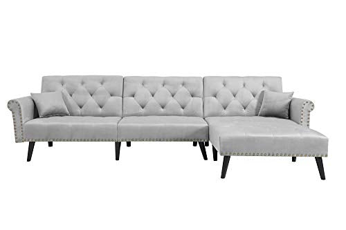 Rhomtree Sectional Sofa Couch with Lounge Chairs Velvet Convertible Sofa Bed with Adjustable Back Day Bed Nailhead Trim Living Room Furniture (Grey)