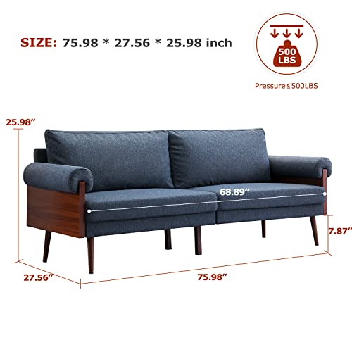 Vonanda Breathable Linen Fabric Sofa with Soft Round Arms on Wooden Board, Mid Century 3-seaters Couch with Metal Legs, Modern Upholstered Couches for Small Living Room Apartment Bedroom Office, Blue