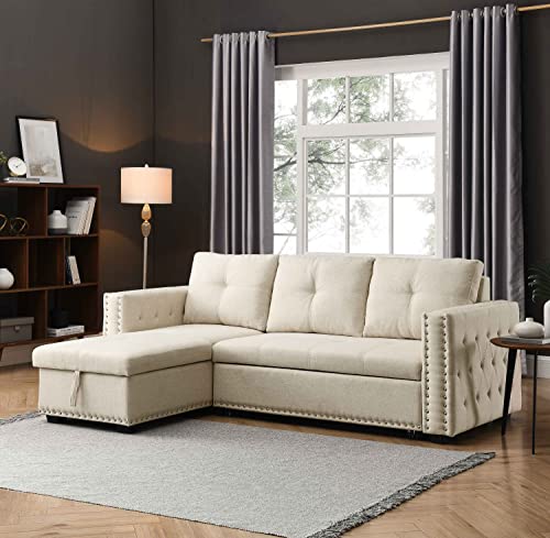 ATY Sectional Sofa with Pull Out Bed, Reversible L-Shape Couch with Storage Chaise and Sleeper, Save Space for Living Room Office, 91