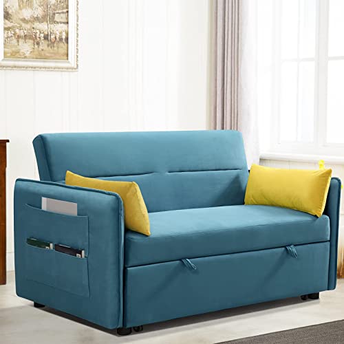 Smilehome Velvet 57'' Loveseat Sleeper Sofa Pull Out Bed, 2 Seats Sofá with Adjustable Backrest, 2 Pillows & Side Pocket Living Room Small Apartment, Blue