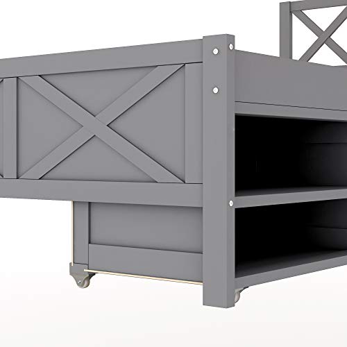 Twin Size Platform Bed, Wood Platform Bed Frame with X-Shaped Frame and Storage, No Box Spring Needed, Easy Assembly, Platform Bed Frame for Kids Boys Girls Teens Adults (Gray)