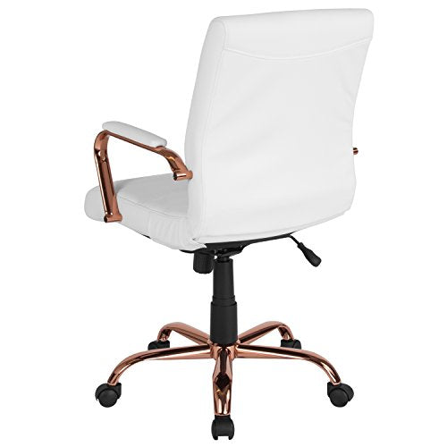 Flash Furniture Mid-Back White LeatherSoft Executive Swivel Office Chair with Rose Gold Frame and Arms
