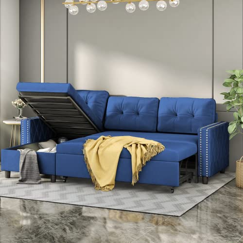 BALUS Reversible Sectional Sleeper Sofa with Large Storage Chaise, Velvet Upholstered L-Shape Sofa Couch, Pull Out Sleeper Sofa Bed for Living Room, Apartment and Office (Navy Blue)