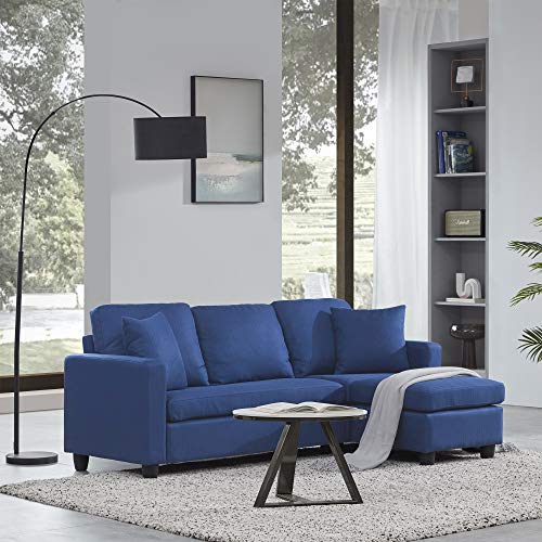 BELLEZE 3 Piece Convertible Sectional Sofa, Upholstered Linen L Shaped Couch with Modular Chaise Lounge, Loveseat and Ottoman, Small Space - Altera (Navy Blue)