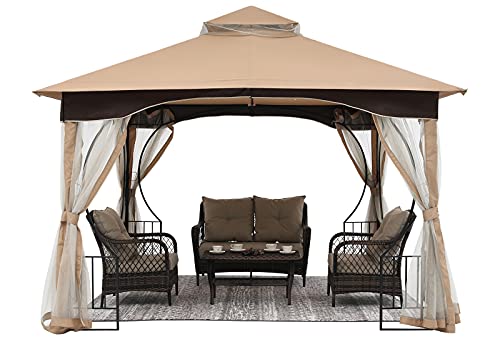 MASTERCANOPY 11x11 Double-Tiered Patio Gazebo with Mosquito Netting Screen Walls for Lawn, Garden, Backyard Khaki
