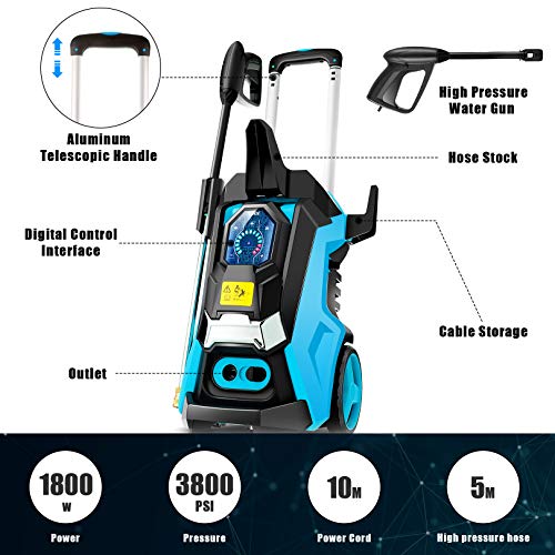TEANDE Electric Pressure Washer 3800 PSI Smart High Pressure Power Washer 2.8 GPM 1800W Powerful Cleaner Machine , 4 Nozzles, Touch Screen 3 Gear Level,15 Level Pressure(Blue)