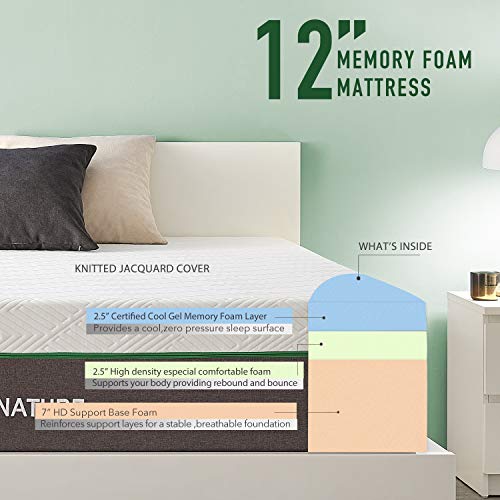 Full Size Mattress, 12 Inch Iyee Nature Cooling-Gel Memory Foam Mattress Bed in a Box, Supportive & Pressure Relief with Breathable Soft Fabric Cover, Medium Firm Feel,Gray
