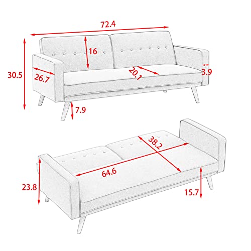 Modern 3-Seater Variable Bed Sofa with Armrest Sleeper Sofa Couch with Sturdy Wood Legs Adjustable Loveseat Sofa with Linen Fabric Accent Sofa Reclining Sofa Bed for Living Room Apartment (Blue)