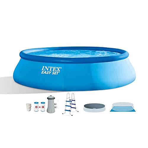 Intex 26165EH 15ft x 42in Above Ground Inflatable Swimming Pool Bundle with Pump, Ladder, Cover, and 5 Pound Bucket of Chlorine Tablets