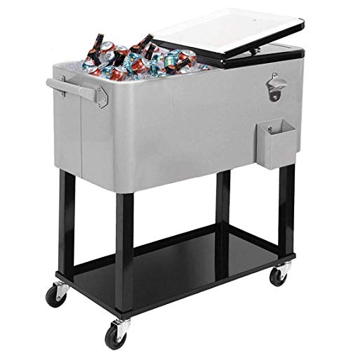 JOYBASE 80 Quart Rolling Ice Chest, Portable Patio Party Bar Drink Cooler Cart, with Shelf, Beverage Pool with Bottle Opener