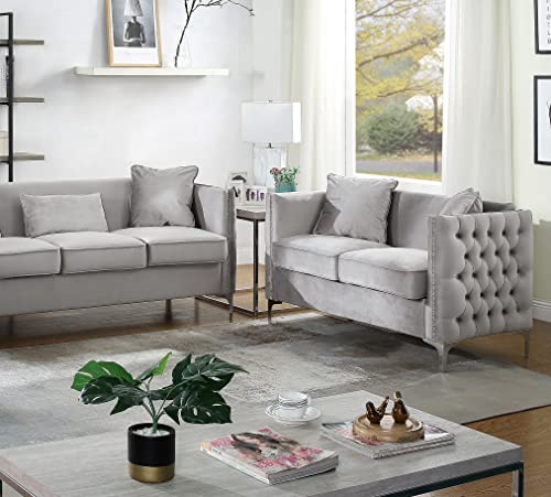Lilola Home Bayberry Gray Velvet Loveseat with 2 Pillows, Nail-Head trim, Chrome Metal Legs
