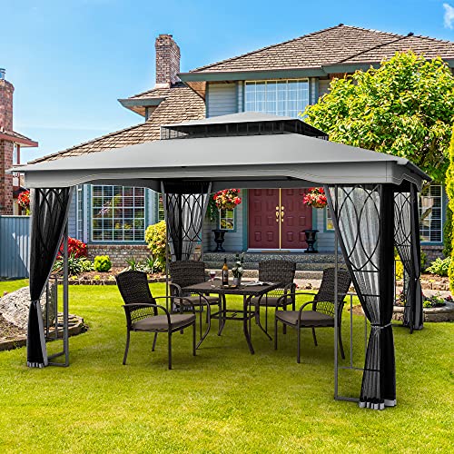 PAMAPIC 12x10 Outdoor Gazebo with Skylights and Mosquito Netting, Waterproof and UV-Proof Terrace Gazebo for Backyard, Garden, Lawn and Deck (Gray)