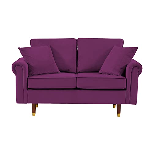 Living Room Furniture, Yoglad Velvet Loveseat, Modern 2 Seater Sofa with Wooden Legs, 2 Throw Pillows Included (Loveseat, Purple)
