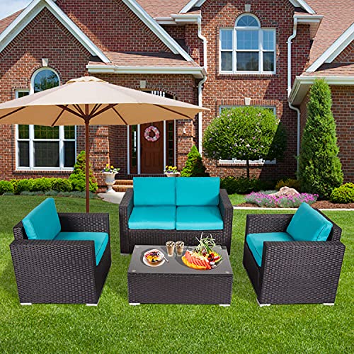 Kinsuite Convertible Sectional Sofa Couch Rattan Wicker 4 PCs Furniture Set with Table Washable Cushions Conversation Set for Living Room Blue