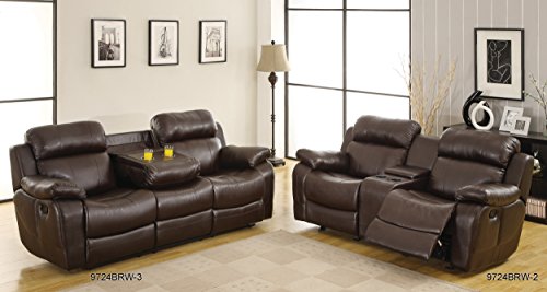 Homelegance Marille Reclining Sofa w/ Center Console Cup Holder, Brown Bonded Leather