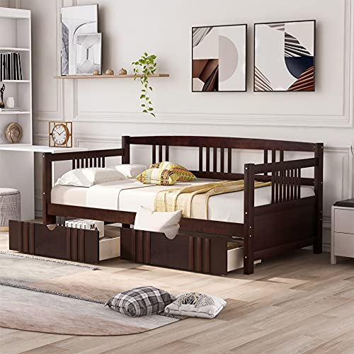 Full Daybed with Two Drawers , Wood Full Size Daybed with Storage , Dual-use Sturdy Full Bed for Living Room ,Guest Room ,Children Room, No Box Spring Needed, Espresso