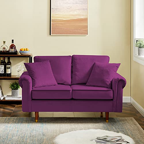 Living Room Furniture, Yoglad Velvet Loveseat, Modern 2 Seater Sofa with Wooden Legs, 2 Throw Pillows Included (Loveseat, Purple)