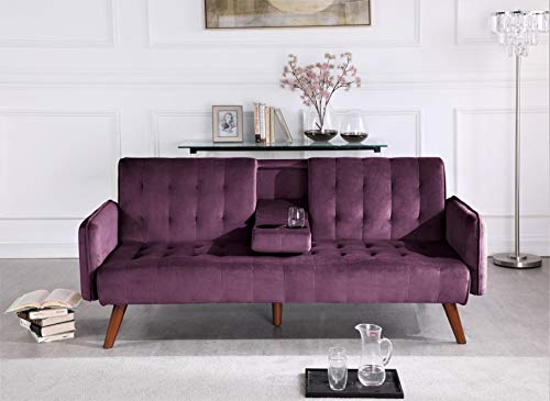 US Pride Furniture Classical Style Soft Round Arm 72’’ Wide Eggplant Purple Velvet Tufted Twin Size Convertible Sofa Bed with Solid Wooden Legs & High Density Foam (SB9070-9076) Sofabed