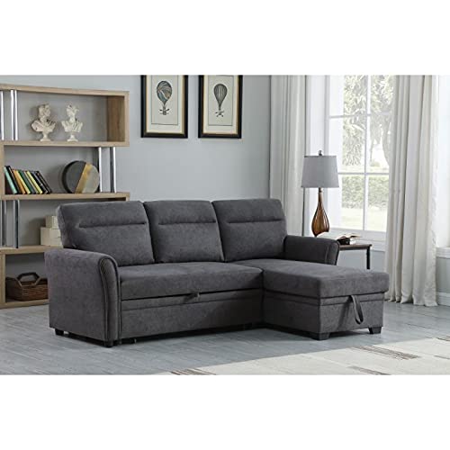 Devion Furniture Fabric Sectional Sofa Pull Out Sleeper Bed in Dark Gray