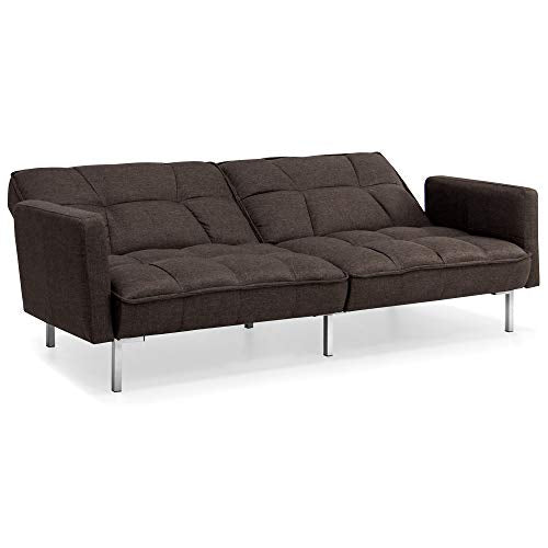 Best Choice Products Linen Upholstered Tufted Convertible Splitback Sleeper Futon w/Pillows, Brown