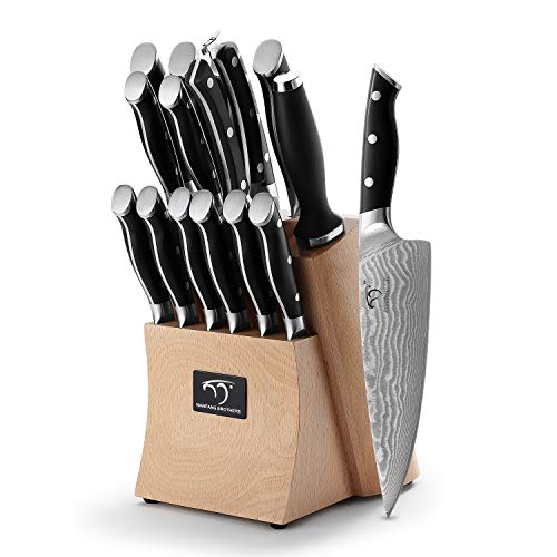Kitchen Damascus Knife Set, 15-Piece Kitchen Knife Set with Block, ABS Ergonomic Handle for Chef Knife Set and Serrated Steak Knives Knife Sharpener and Kitchen Shears, Beechwood Block