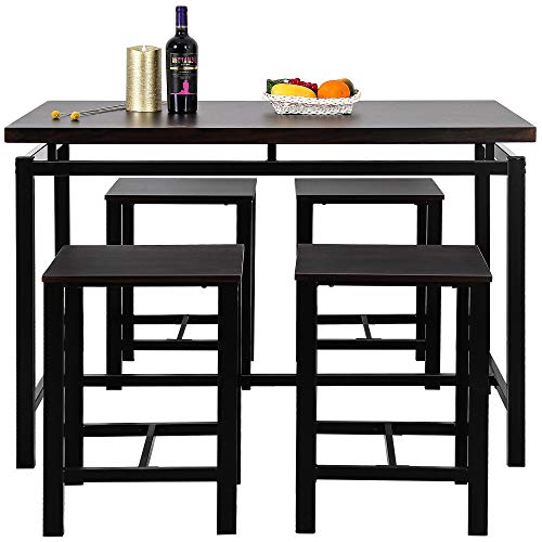 PovKeever Harper Bright Designs 5 Piece Dining Set Wood and Metal Pub Table with 4 Bar Stools,Espresso