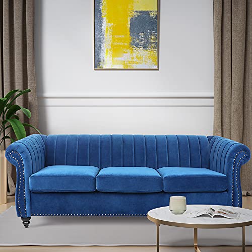 NOSGA Velvet Sofa, Large Sofa 3-Seat Couch Solid Wood Frame Legs Strong Soft Cushion Comfortable Perfect for Apartment, Dorm, Office (Sky Blue)