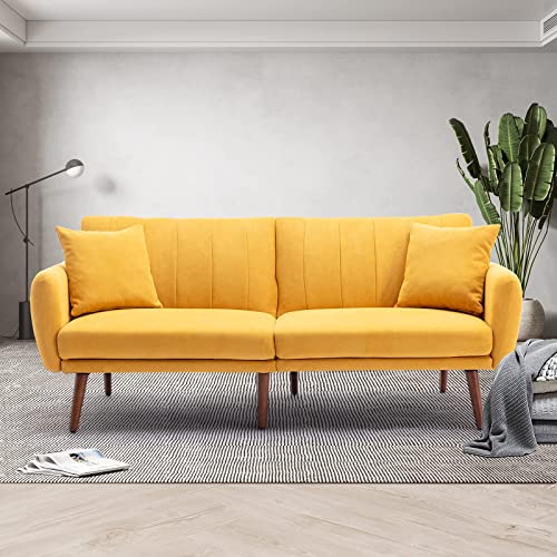 Vicluke Convertible Futon Sofa Bed, Modern Upholstered Split-Back Foldable Sleeper Sofa Couches Furniture with Adjustable Backrest, Armrest, Wooden Frame & Leg for Living Room, Apartment (Yellow)