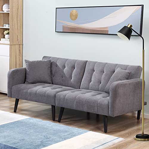 Oyerol Convertible Futon Sofa Bed, Modern Linen Split-Back Folding Loveseat Sleeper Sofa Couch Bed, Couches Furniture for Living Room, Apartment with 2 Pillows, Detachable Armrest - Dark Grey