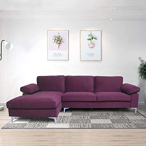 RINIMEI L-Shaped Tufted Cushion Corner Couch Velvet Upholstery Sectional Sofa Easy Assemble with Reversible Chaise Lounge & Metal Legs for Home & Apartment Living Room Furniture Sets, Purple