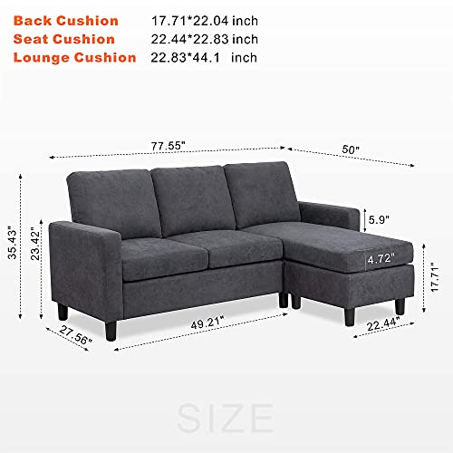 JY QAQA Convertible Sectional Sofa Couch with 3-Seat Sofa, L-Shaped Ottoman Couch with Modern Linen Fabric for Small Living Room, Apartment and Small Space (Dark Grey)