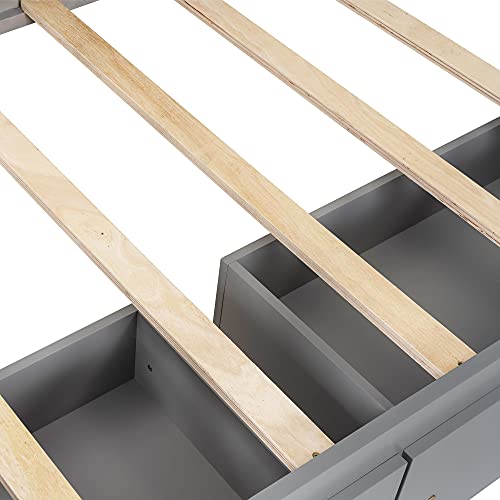 Twin Size Daybed, Wood House Bed Frame with Roof and Two Storage Drawers, Twin Wood Day Bed with Fence-Shaped Guardrail for Kids Teens Girls Boys, No Box Spring Needed, Easy Assembly, Grey