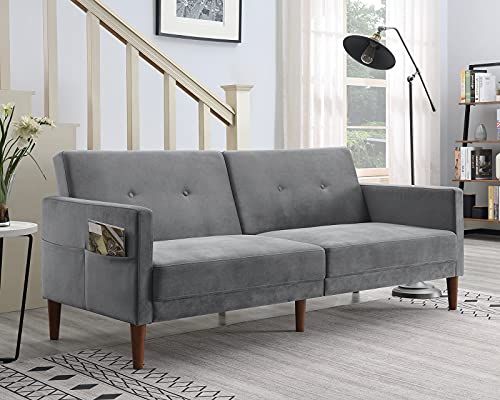 76-inch Velvet Futon Sofa Bed, Upholstered Sleeper Sofa Couch, Convertible Loveseat with 5 Solid Wood Legs, Modern Living Room Sofa for Compact Space, Apartment or Dorm (Grey)