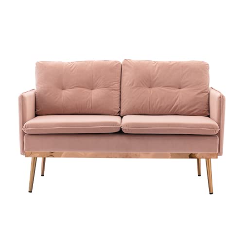 Contemporary Velvet Upholstered Sofa with Stainless Steel Base in a Rich Gold or Chrome Finish, Pink