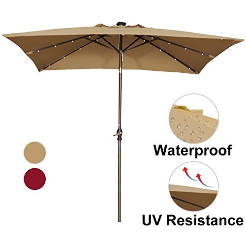 Abba Patio 9 by 7 Feet Rectangular Patio Umbrella with Solar Powered 32 LED Lights with Tilt and Crank, Brown