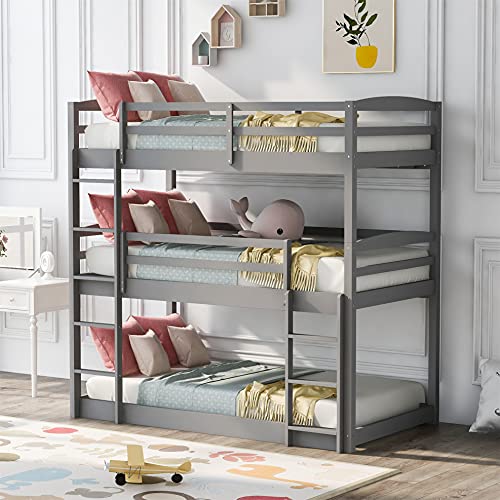 Wood Triple Bunk Bed, Twin-Over-Twin-Over-Twin Bunk Bed, Wooden Triple Bed Frame with Built-in Ladder and Guardrails for Kids (Gray)