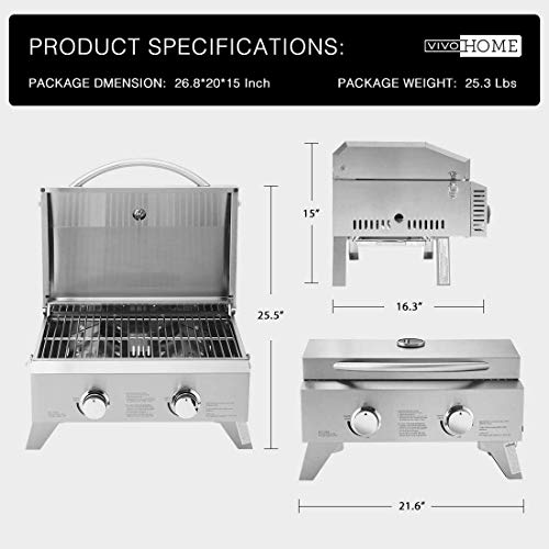 VIVOHOME Tabletop Stainless Steel 2-burner Gas Grill Portable 20000 BTU BBQ Grid with Foldable Legs for Outdoor Camping Picnic