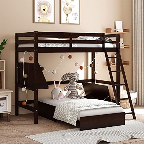 Twin Loft Bed with Convertible Lower Bed, Wood Loft Bed Frame with Storage Drawer and Shelf, Multifunctional Loft Bed for Kids Teens Adults (Espresso)