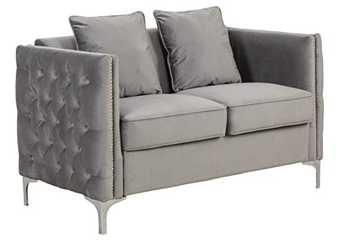 Lilola Home Bayberry Gray Velvet Loveseat with 2 Pillows, Nail-Head trim, Chrome Metal Legs