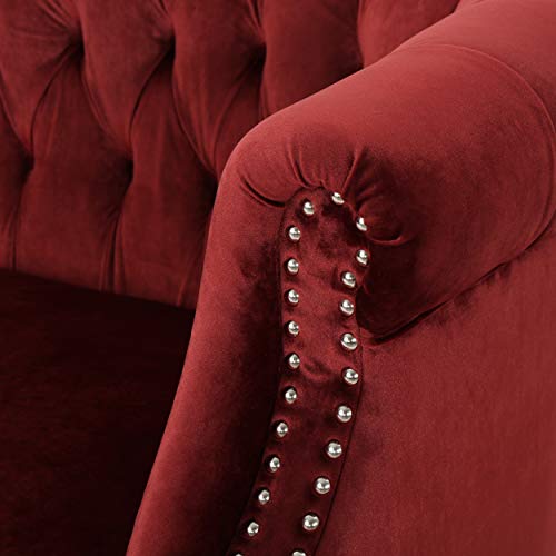 Melaina Tufted Chesterfield Velvet Loveseat with Scrolled Arms, Garnet and Dark Brown