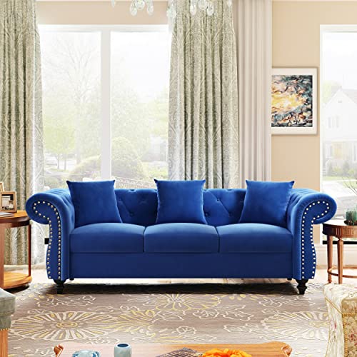 80INCH 3-Seater Sofa Couch with 3 Pillows, Elegant Velvet Sofa Counch Scrolled Arms with Nailhead Decorations, Sofa Couch for Living Room