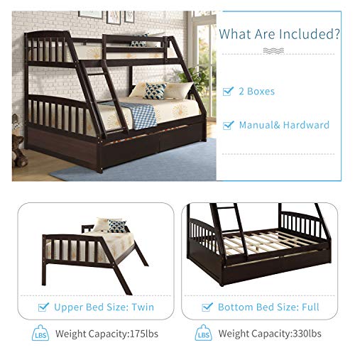Harper & Bright Designs Solid Wood Twin-Over-Full Bunk Bed with Two Storage Drawers (Espresso)