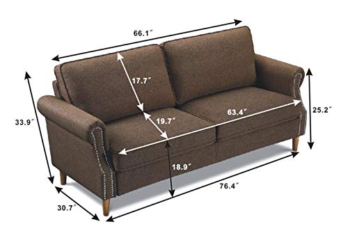 Harper&Bright Designs Fabric Upholstered 3 Seater Sofa Bed Couch for Living Room Bedroom, Premium Linen Like Soft Sofa Couch with Wooden Legs for Home Office and Loft Ship from USA Warehouse (Brown)