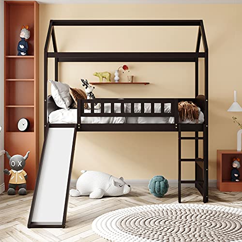 Twin Loft Bed with Slide and Ladder , House Loft Bed for Kids , Wood Loft Bed Frame for Girls Boys,No Box Spring Needed,Espresso